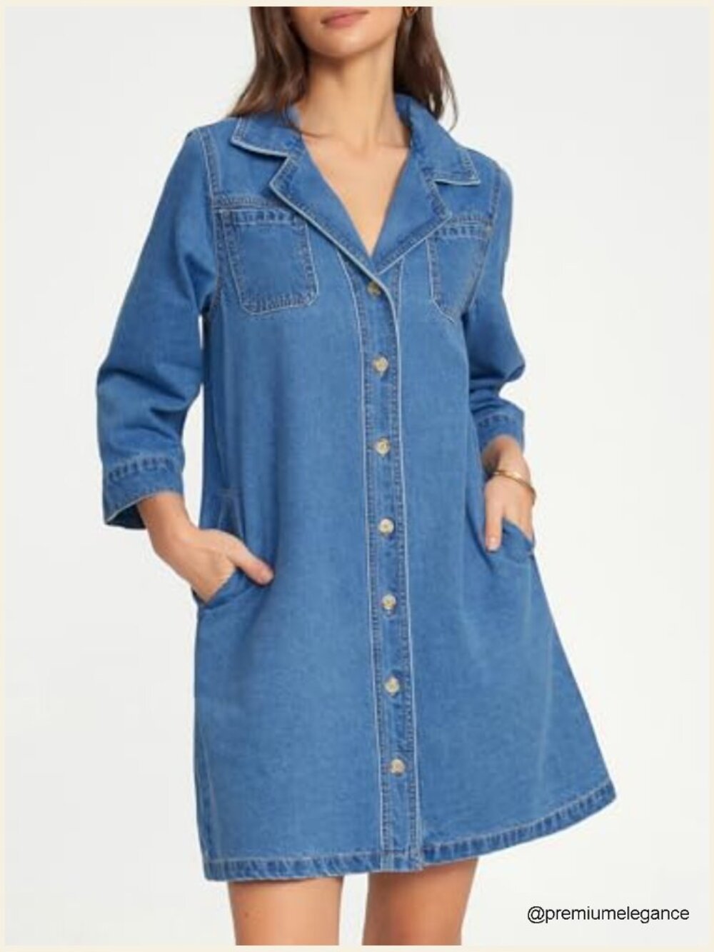 Denim Shirt Dress 3/4 Sleeve Button Down A Line Chambray with Pockets - Picture 4 of 6